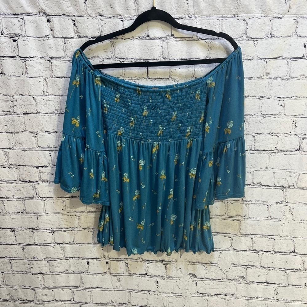 Free People Lana Smocked Off the Shoulder Tunic Mermaid Teal Floral XS